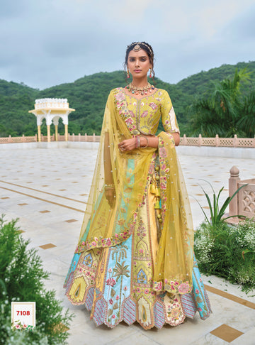 Multi Color Beautiful Traditional Designer Elegant Embroidery Work Cut Work Silk Lehenga - 7108
